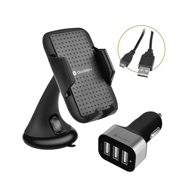 Telefontartó GoGEN 3 v 1, držák na mobil, autonabíječka, micro USB kabel, kroucený, 1,2m (GOGGSMCARKIT01) fekete