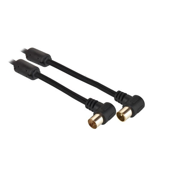 Koaxiální kabel GoGEN 2,5m, pozlacený, opletený, feritový filtr, 90° úhlový konektor (GOGCOAX250FM02) fekete