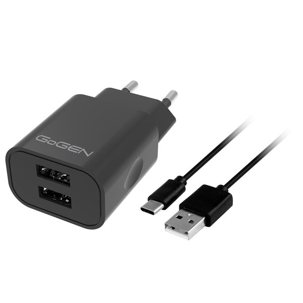 Hálózati töltő GoGEN ACH 205 C, 2x USB 2A, 10W + USB-C kabel 1m (ACH205CB) fekete